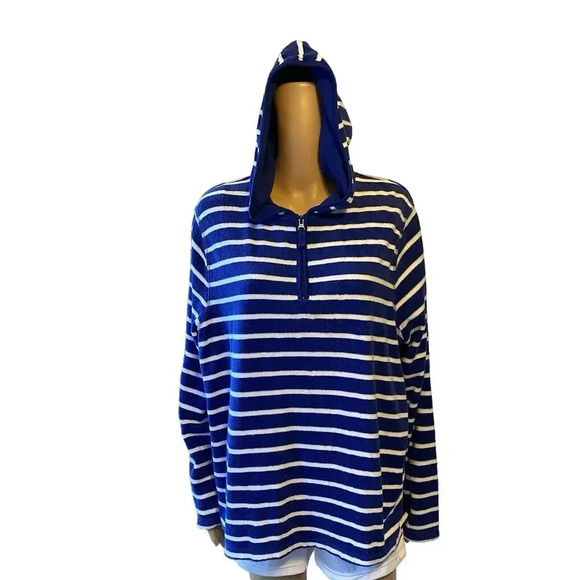 CJ Banks 1X Hoodie Sweater Jacket 1/4 Zip White Blue Striped Terry Cloth Comfort - Picture 1 of 8